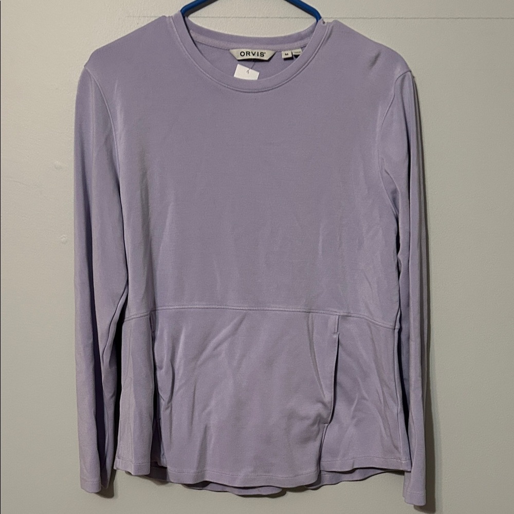 Orvis Women's Soft Purple Long Sleeve Tee. Med. with front pocket.